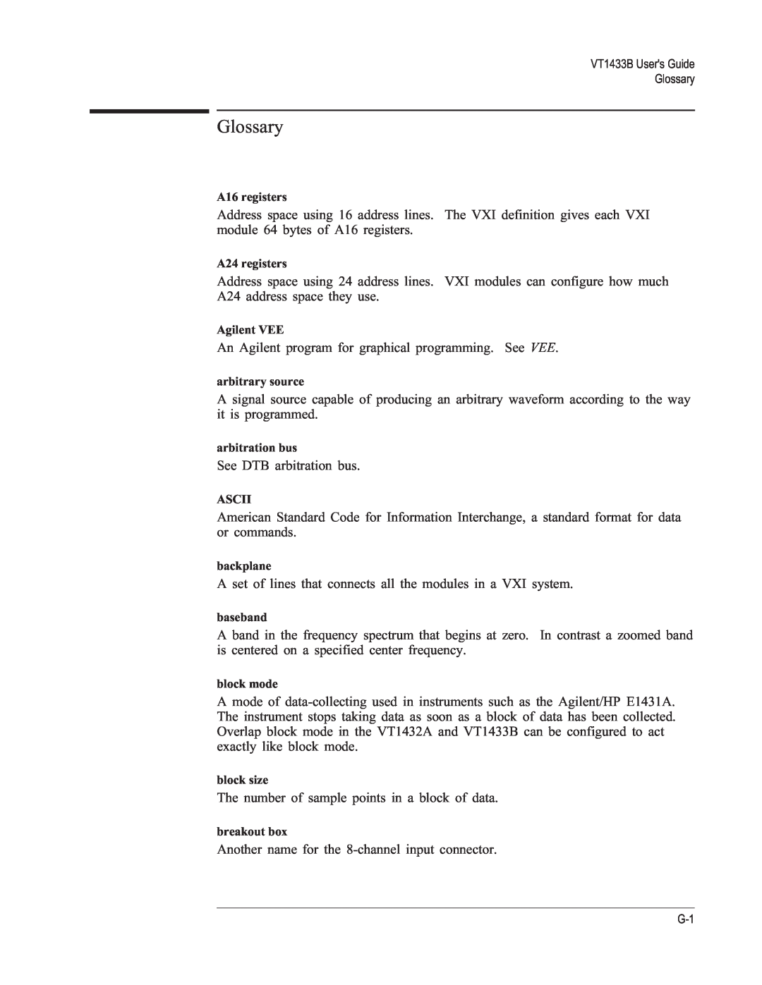 VXI VT1433B manual Glossary 