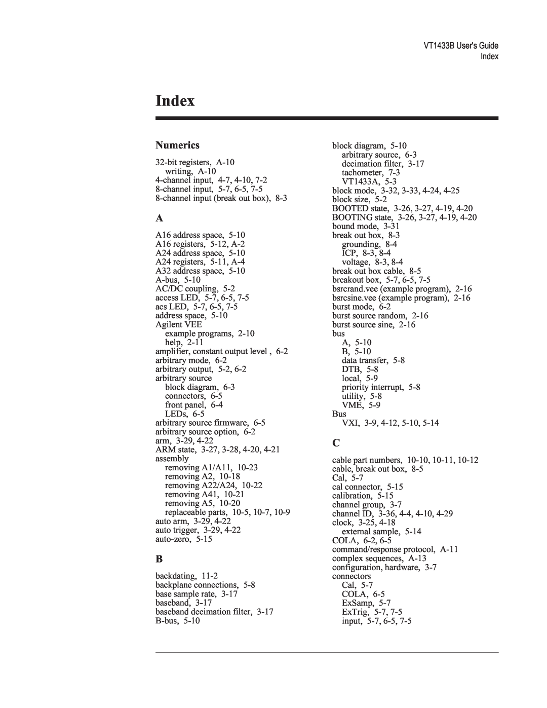 VXI VT1433B manual Numerics, Index 
