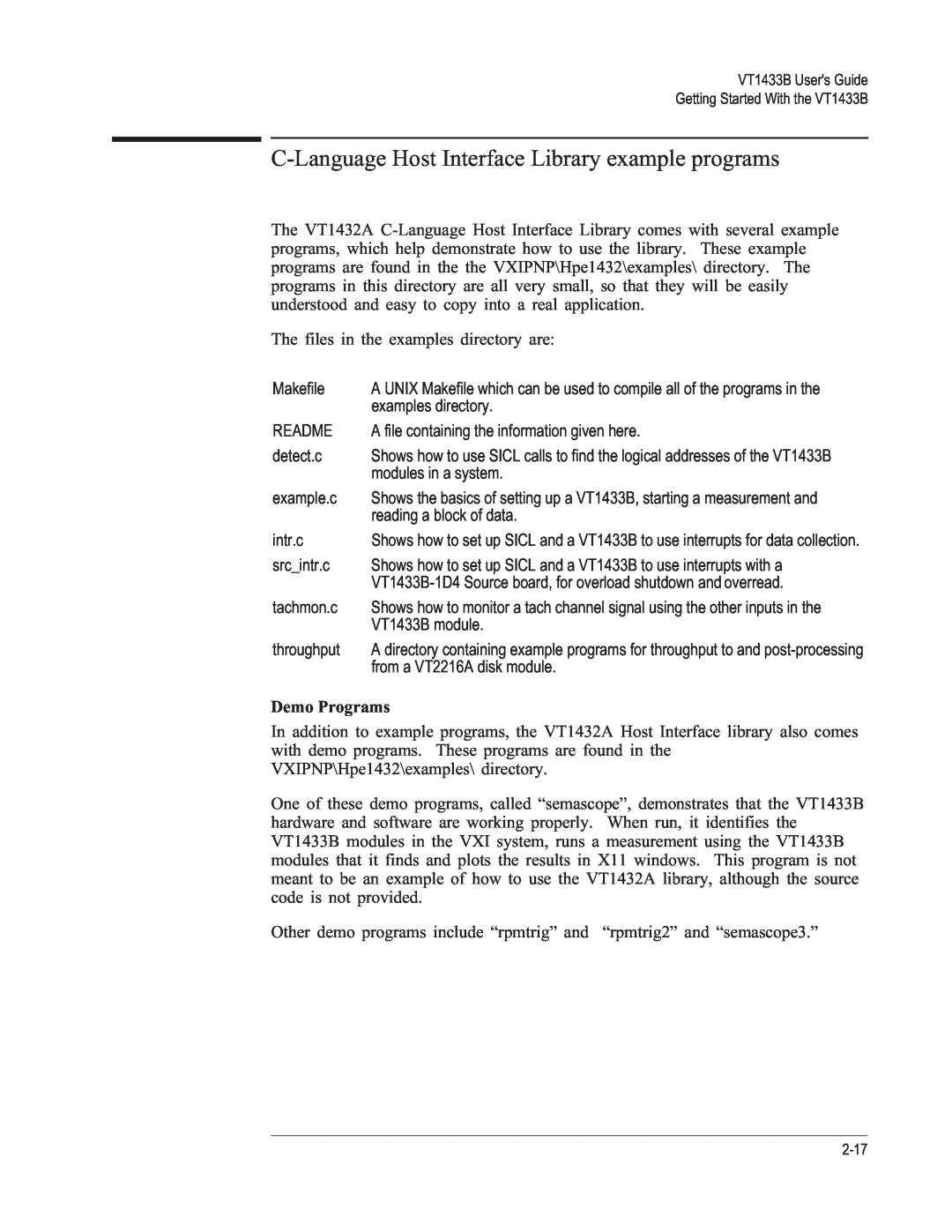 VXI VT1433B manual C-LanguageHost Interface Library example programs, Demo Programs 