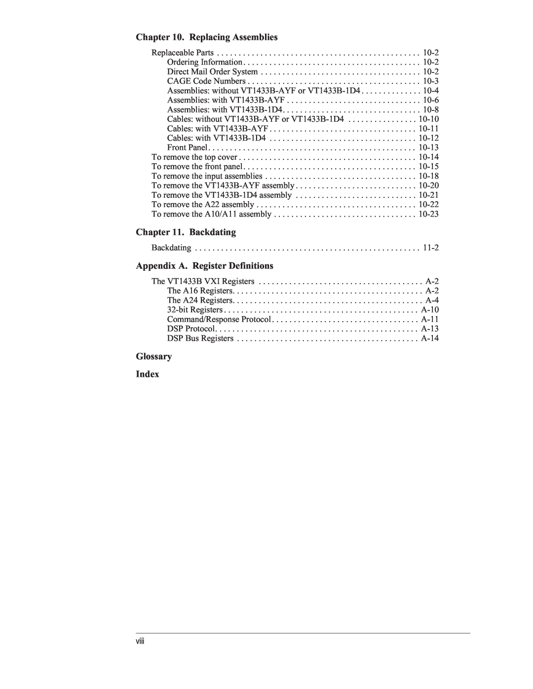 VXI VT1433B manual Replacing Assemblies, Backdating, Appendix A. Register Definitions, Glossary Index 