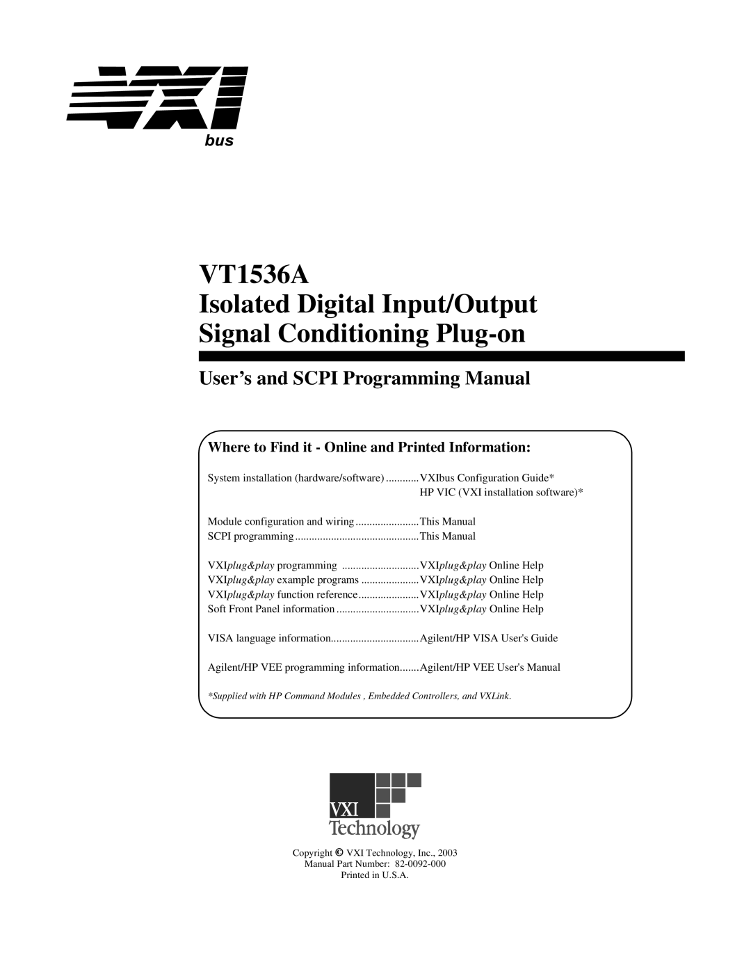 VXI VT1536A user manual User’s and Scpi Programming Manual 