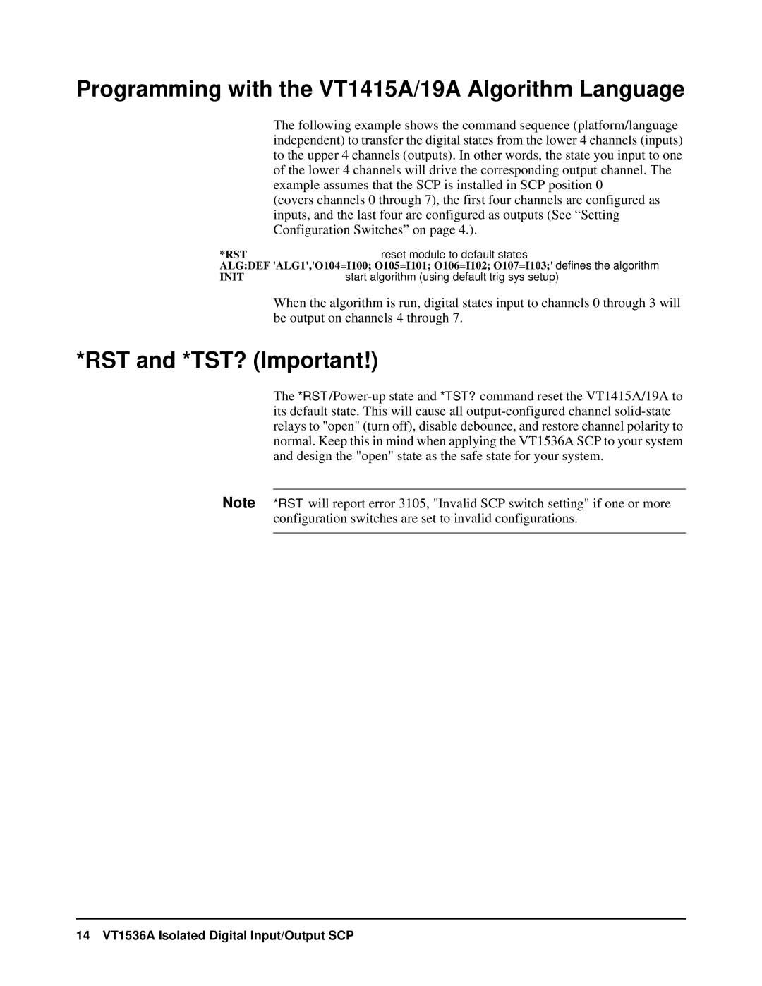 VXI VT1536A user manual Programming with the VT1415A/19A Algorithm Language, RST and *TST? Important 