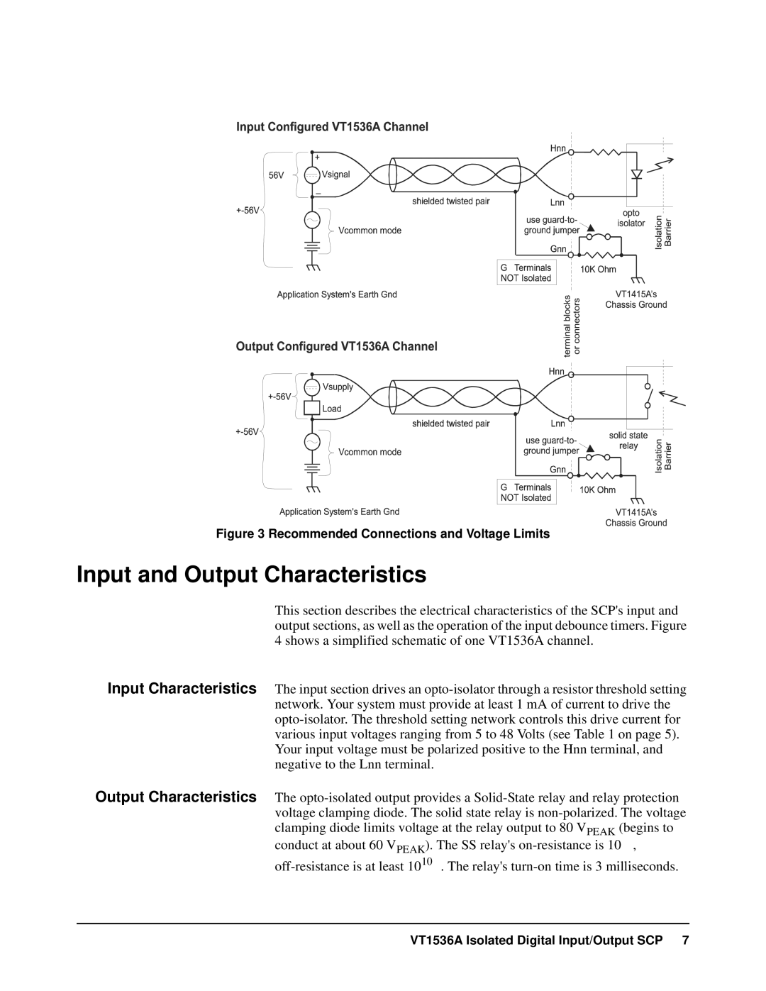 VXI VT1536A user manual Input and Output Characteristics, Recommended Connections and Voltage Limits 