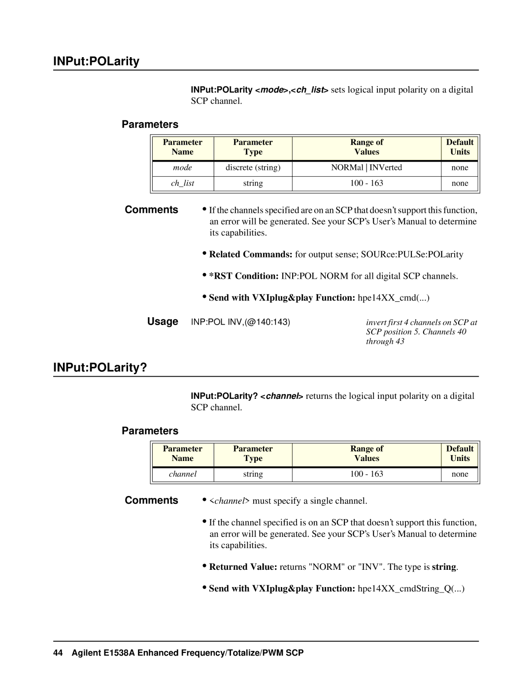 VXI VT1538A user manual INPutPOLarity?, Parameters, Comments 