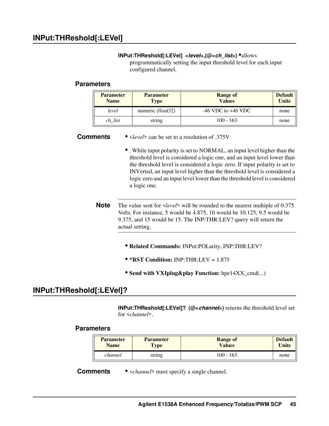 VXI VT1538A user manual INPutTHResholdLEVel?, Level can be set to a resolution 