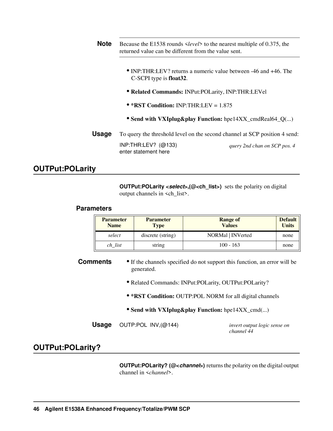 VXI VT1538A user manual OUTPutPOLarity?, Send with VXIplug&play Function hpe14XXcmdReal64Q 