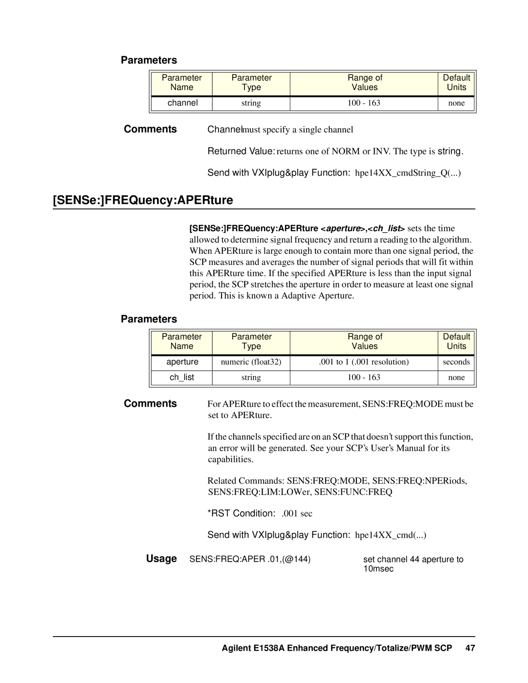 VXI VT1538A user manual SENSeFREQuencyAPERture, Send with VXIplug&play Function hpe14XXcmdStringQ 