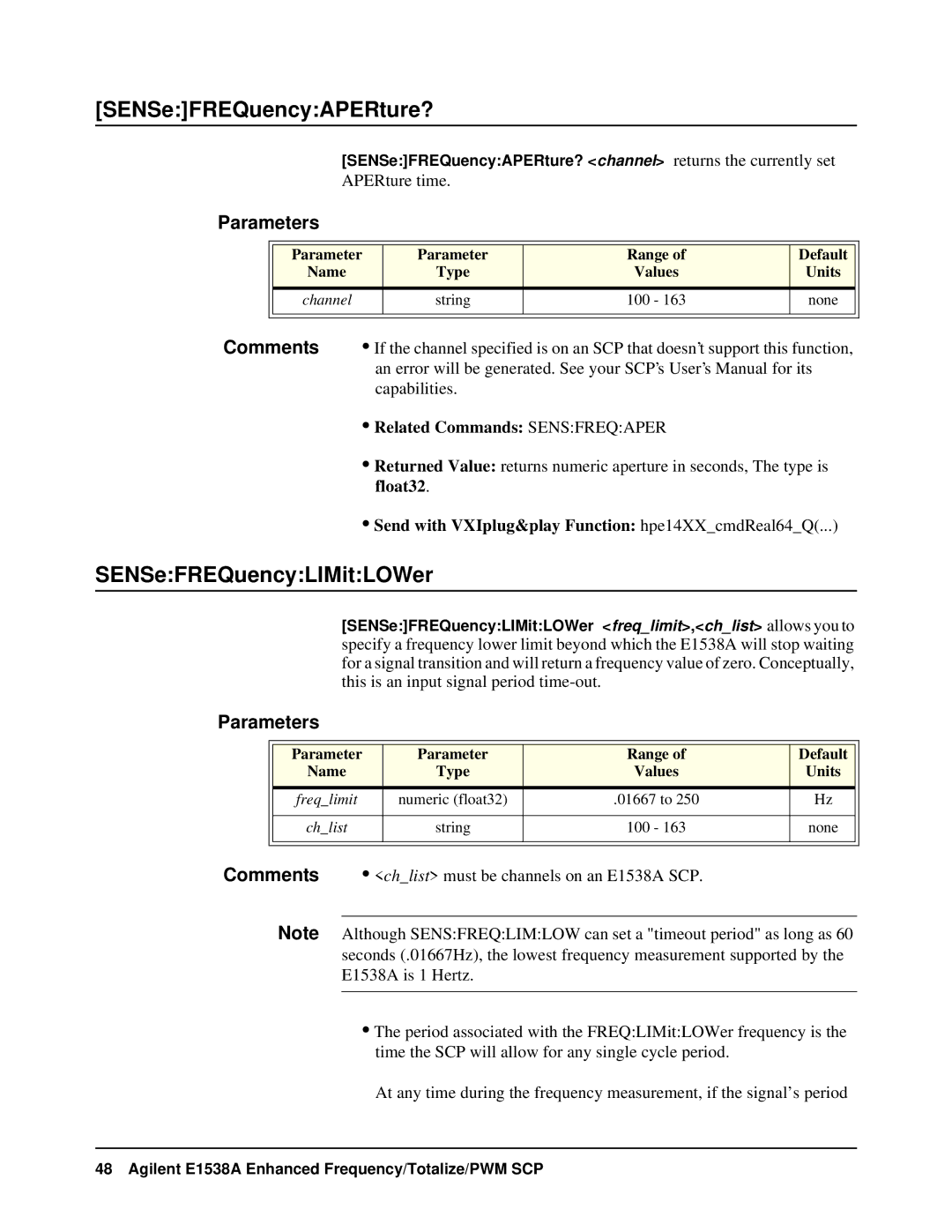 VXI VT1538A user manual SENSeFREQuencyAPERture?, SENSeFREQuencyLIMitLOWer, Related Commands Sensfreqaper 