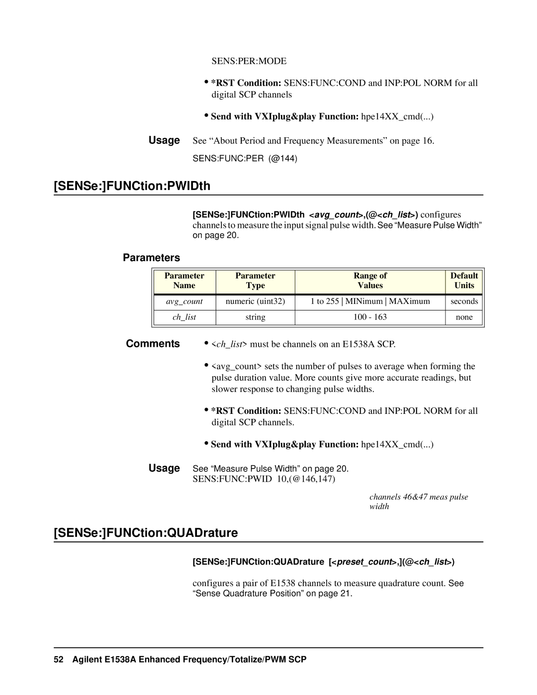 VXI VT1538A user manual SENSeFUNCtionPWIDth, SENSeFUNCtionQUADrature 