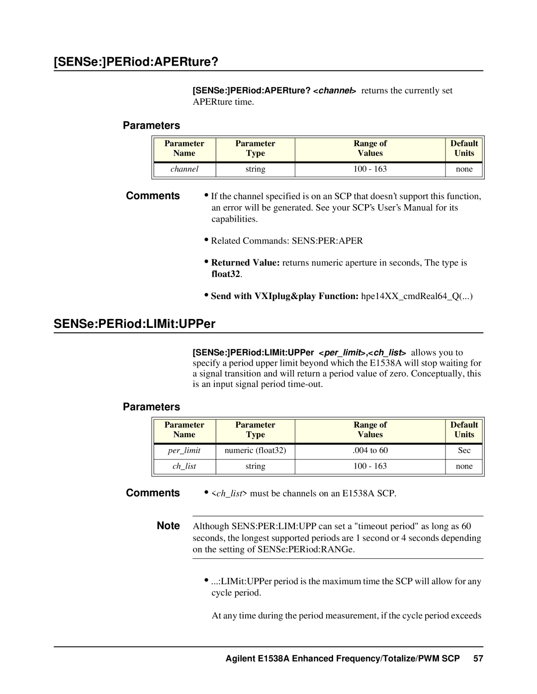 VXI VT1538A user manual SENSePERiodAPERture?, SENSePERiodLIMitUPPer 