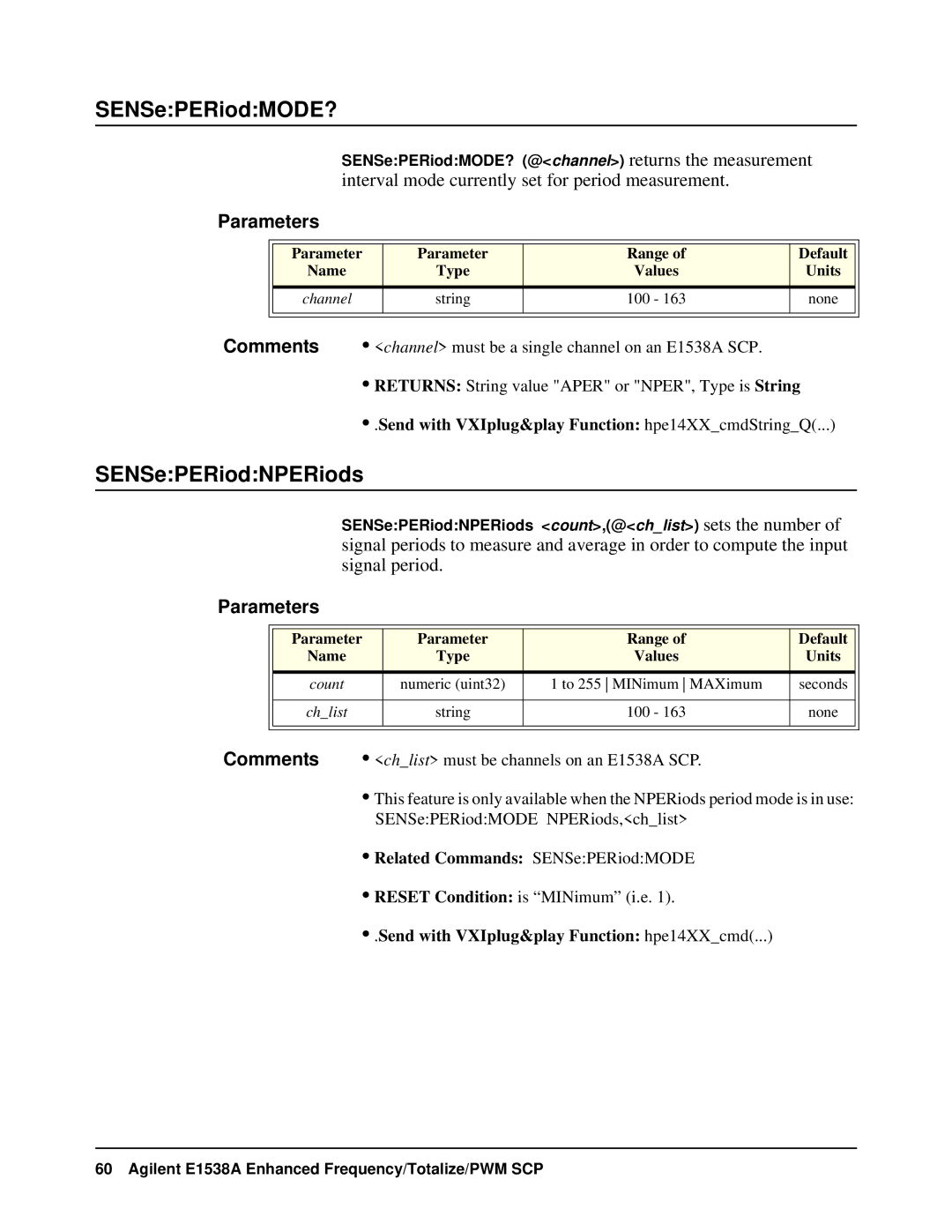 VXI VT1538A user manual SENSePERiodMODE?, SENSePERiodNPERiods, Related Commands SENSePERiodMODE 