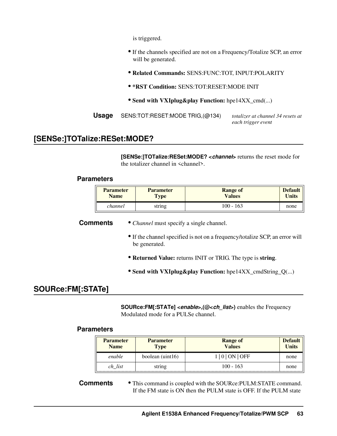 VXI VT1538A user manual SENSeTOTalizeRESetMODE?, SOURceFMSTATe 