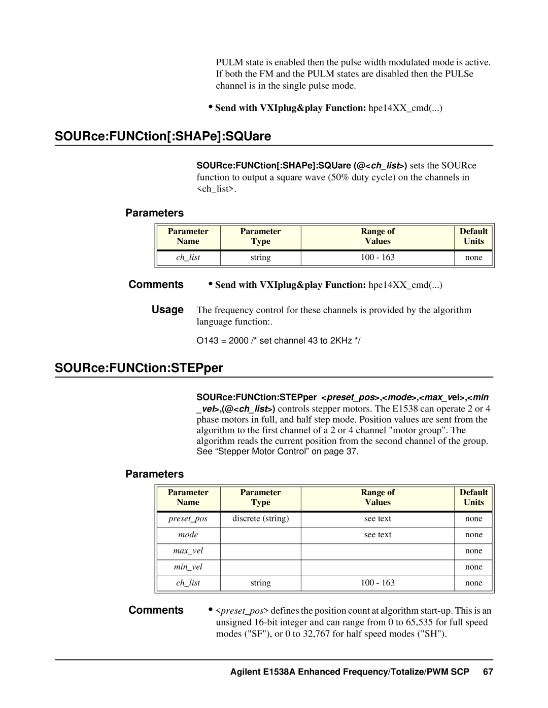 VXI VT1538A SOURceFUNCtionSHAPeSQUare, SOURceFUNCtionSTEPper, Comments Send with VXIplug&play Function hpe14XXcmd 