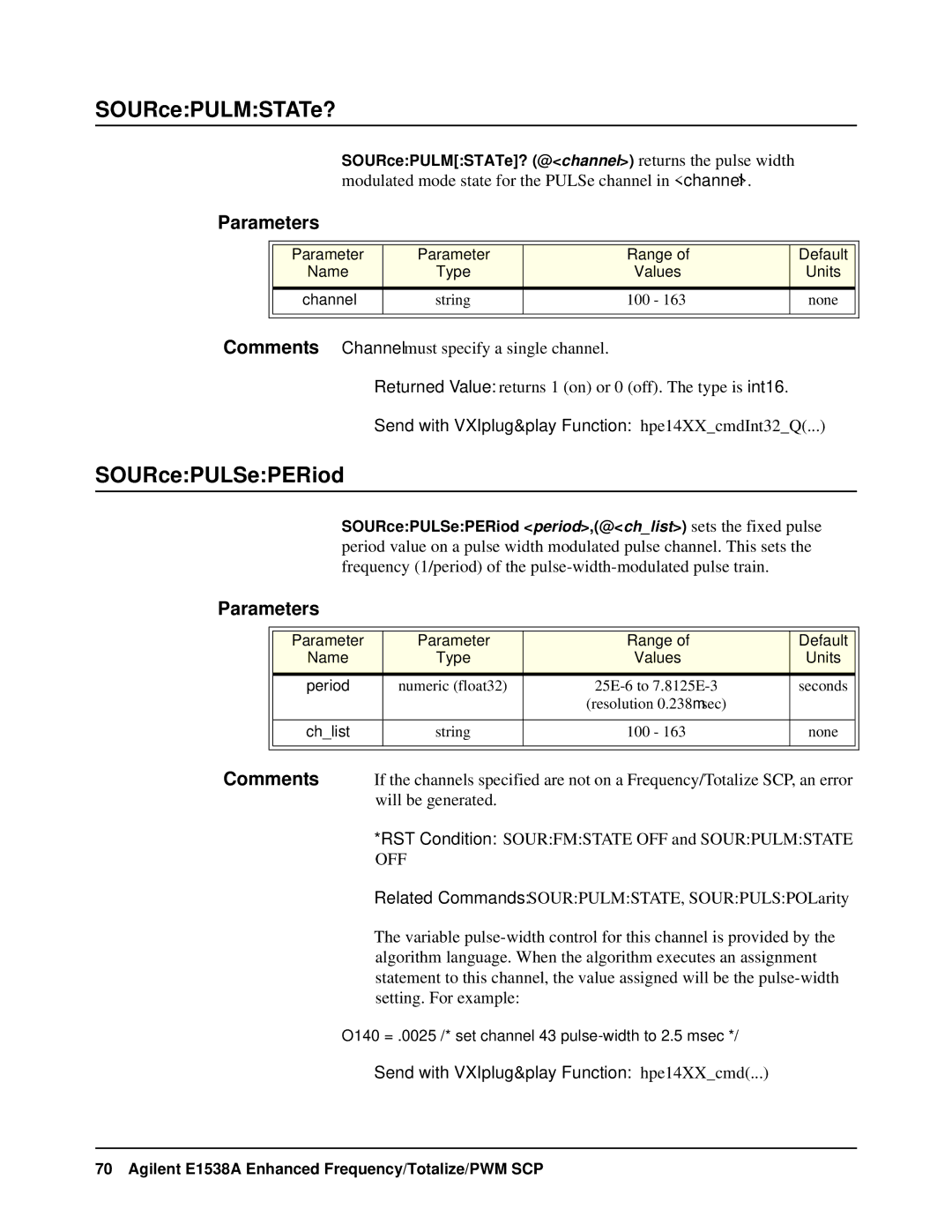 VXI VT1538A user manual SOURcePULMSTATe?, SOURcePULSePERiod 