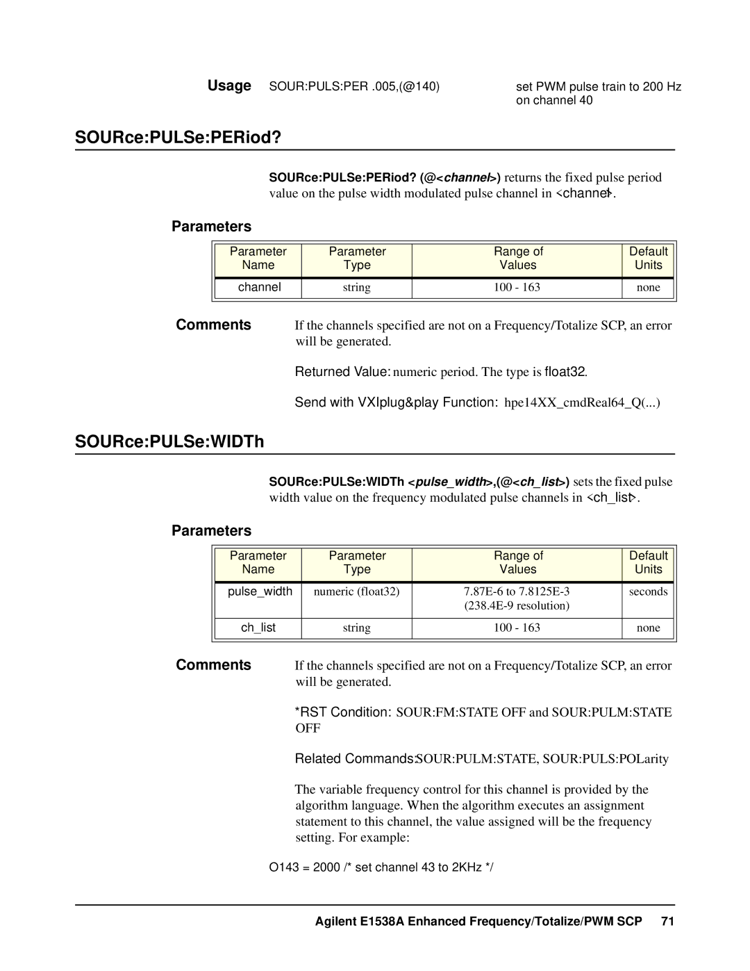 VXI VT1538A user manual SOURcePULSePERiod?, SOURcePULSeWIDTh 