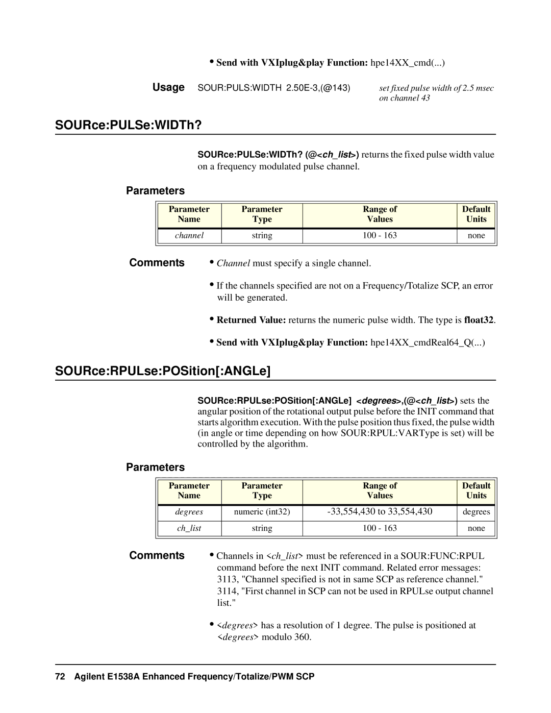 VXI VT1538A user manual SOURcePULSeWIDTh?, SOURceRPULsePOSitionANGLe, 33,554,430 to 33,554,430 