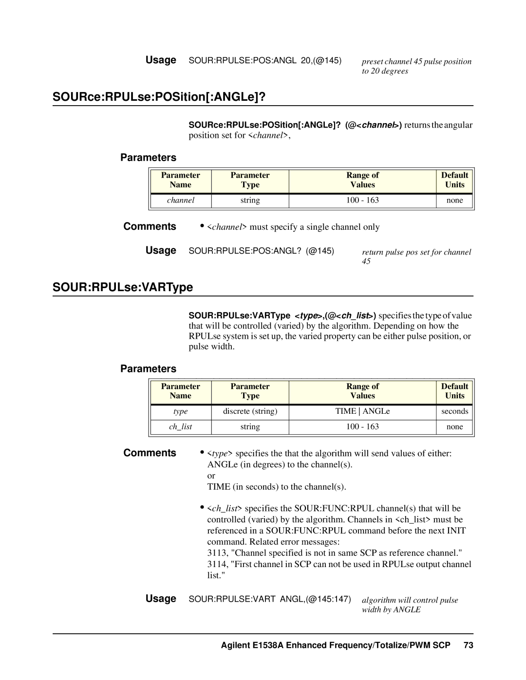 VXI VT1538A user manual SOURceRPULsePOSitionANGLe?, SOURRPULseVARType, Usage 