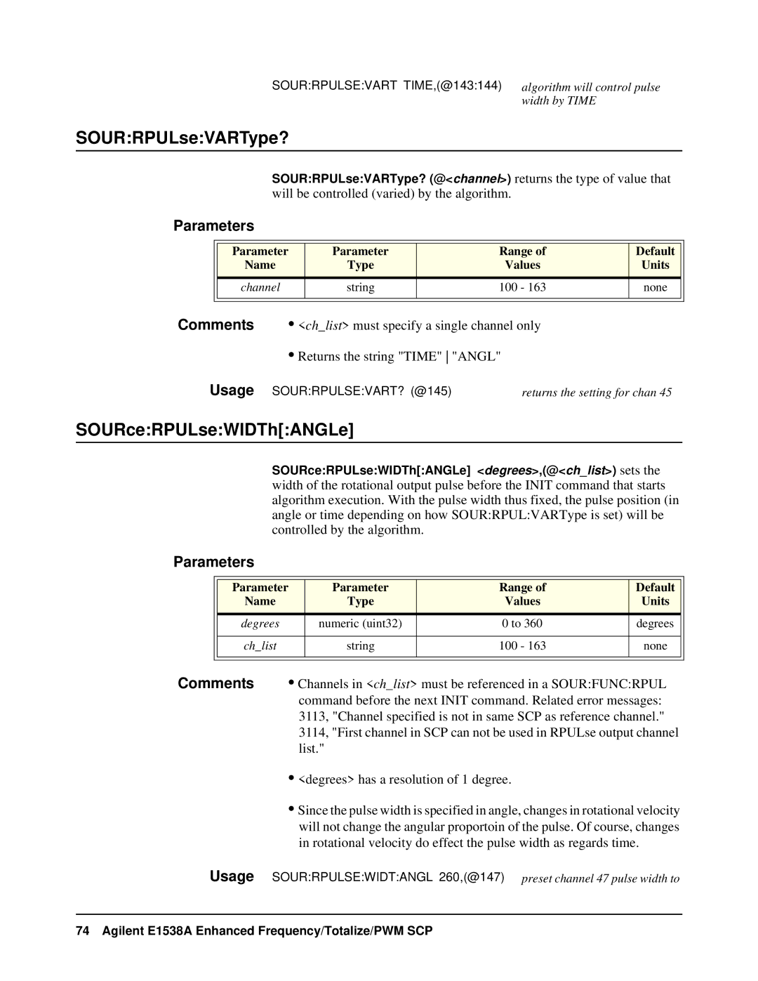 VXI VT1538A user manual SOURRPULseVARType?, SOURceRPULseWIDThANGLe 