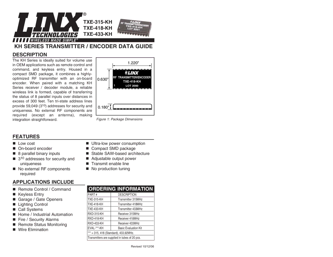 W-Linx Technology dimensions TXE-315-KH TXE-418-KH TXE-433-KH, Description, Features, Applications Include 