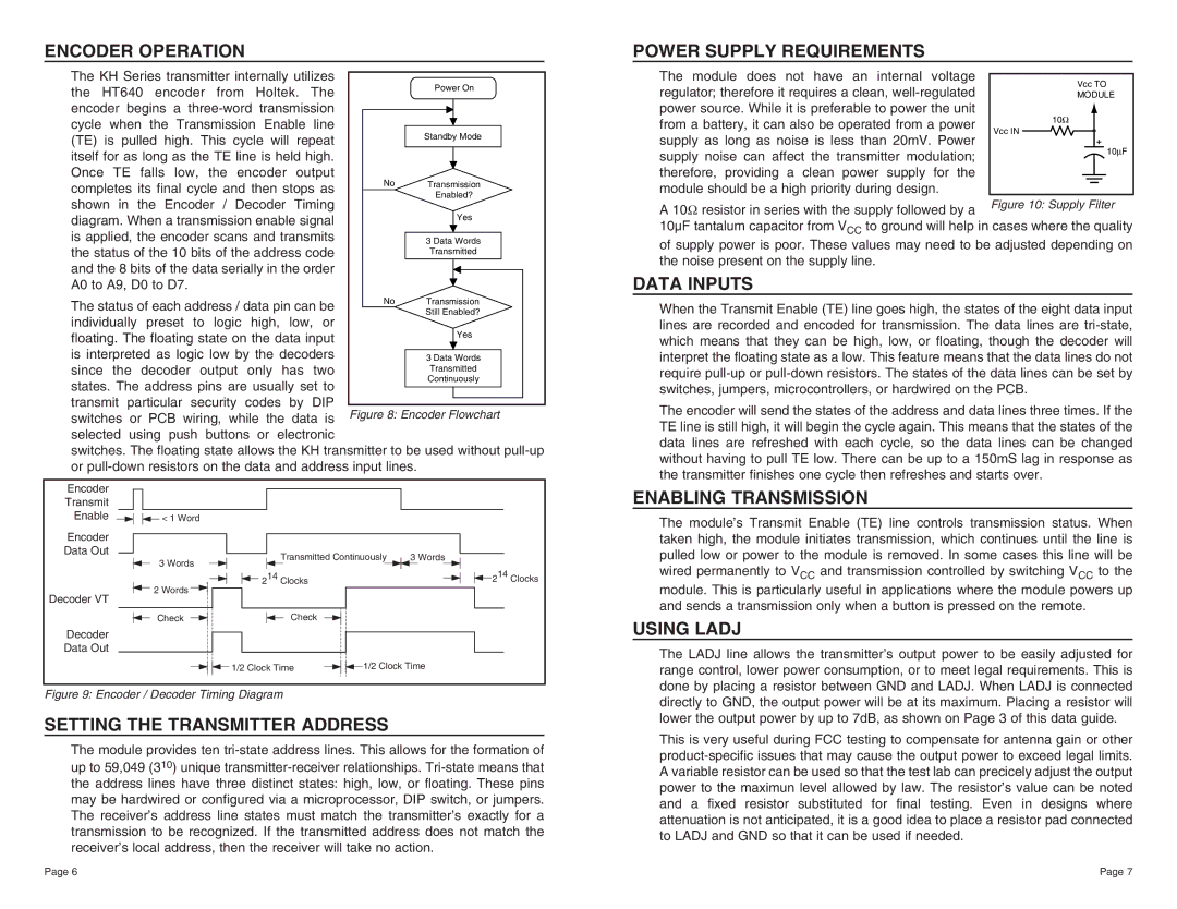 W-Linx Technology TXE-418-KH Encoder Operation Power Supply Requirements, Setting the Transmitter Address, Data Inputs 