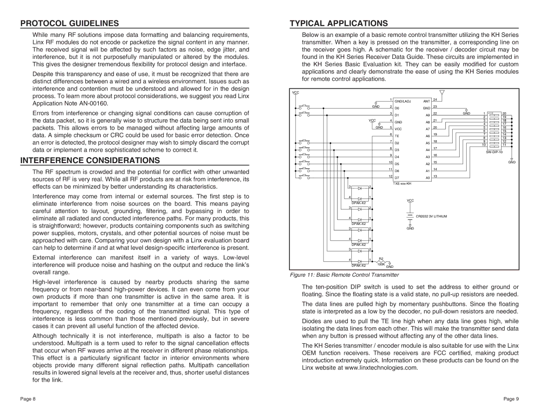 W-Linx Technology TXE-315-KH, TXE-433-KH, TXE-418-KH Protocol Guidelines, Interference Considerations, Typical Applications 