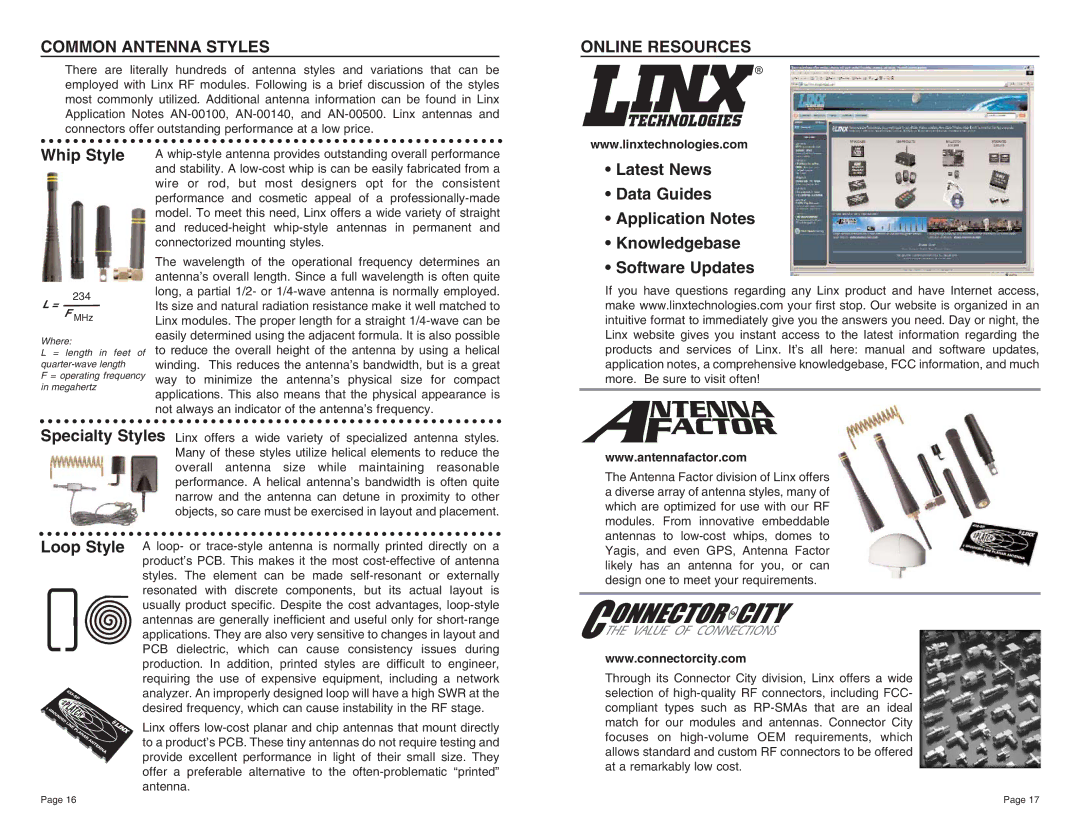 W-Linx Technology TXE-433-KH, TXE-418-KH, TXE-315-KH dimensions Common Antenna Styles, Online Resources, Whip Style 