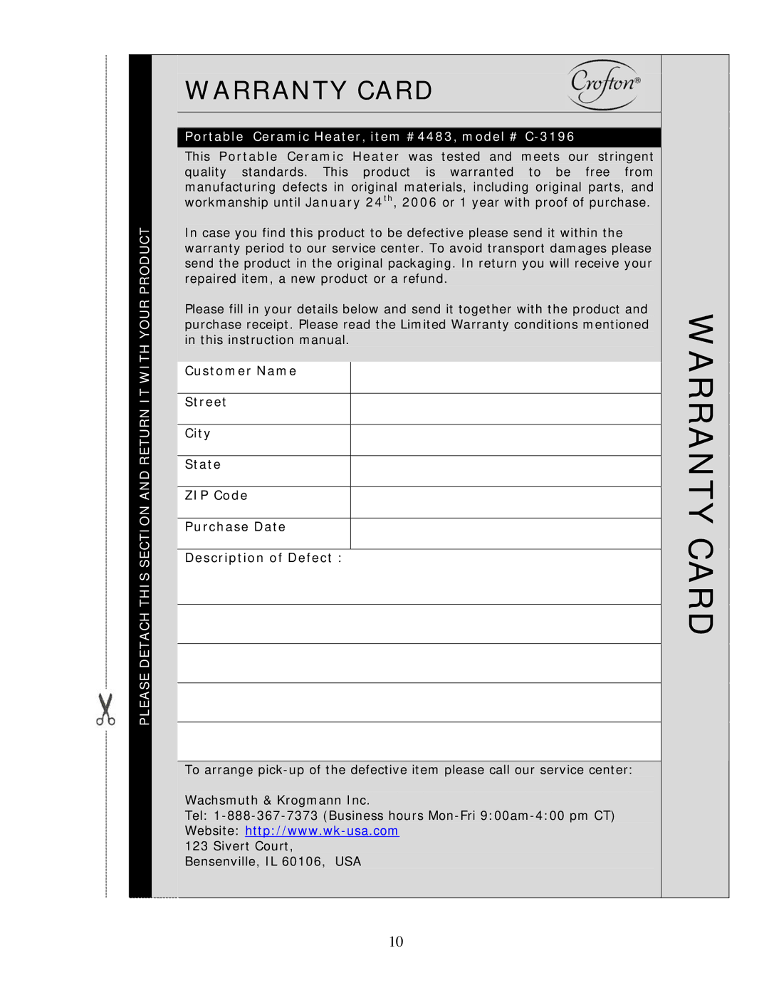 Wachsmuth & Krogmann C-3196 manual Warranty Card 