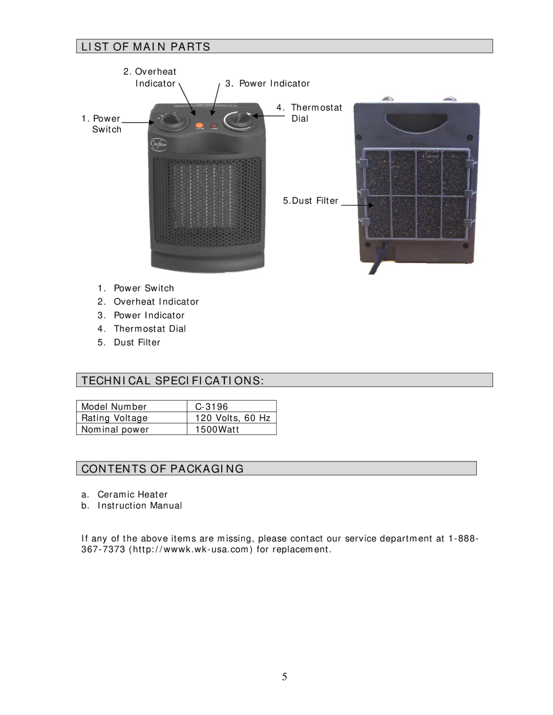 Wachsmuth & Krogmann C-3196 manual List of Main Parts, Technical Specifications, Contents of Packaging 