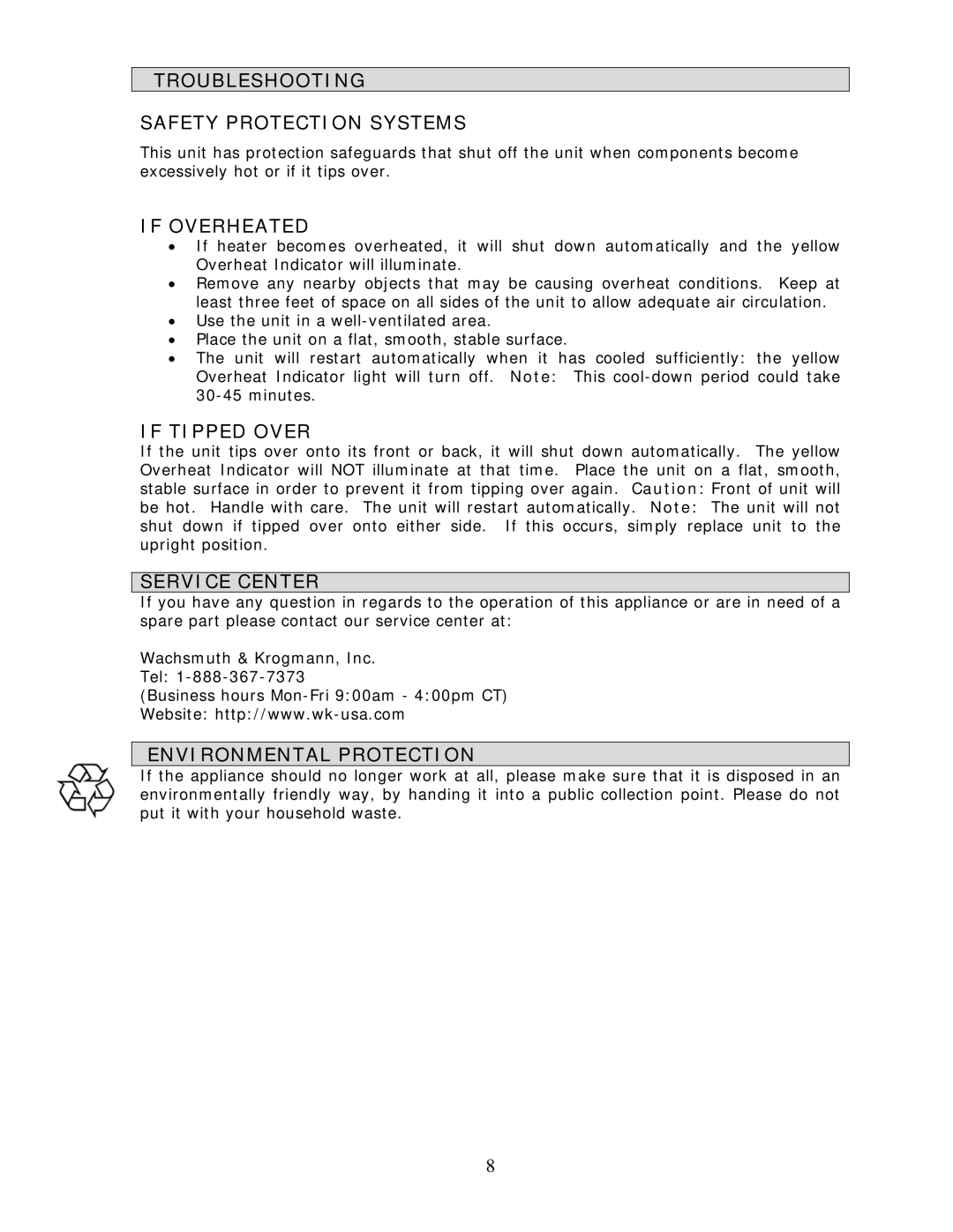 Wachsmuth & Krogmann C-3196 manual Troubleshooting Safety Protection Systems, If Overheated, If Tipped Over, Service Center 