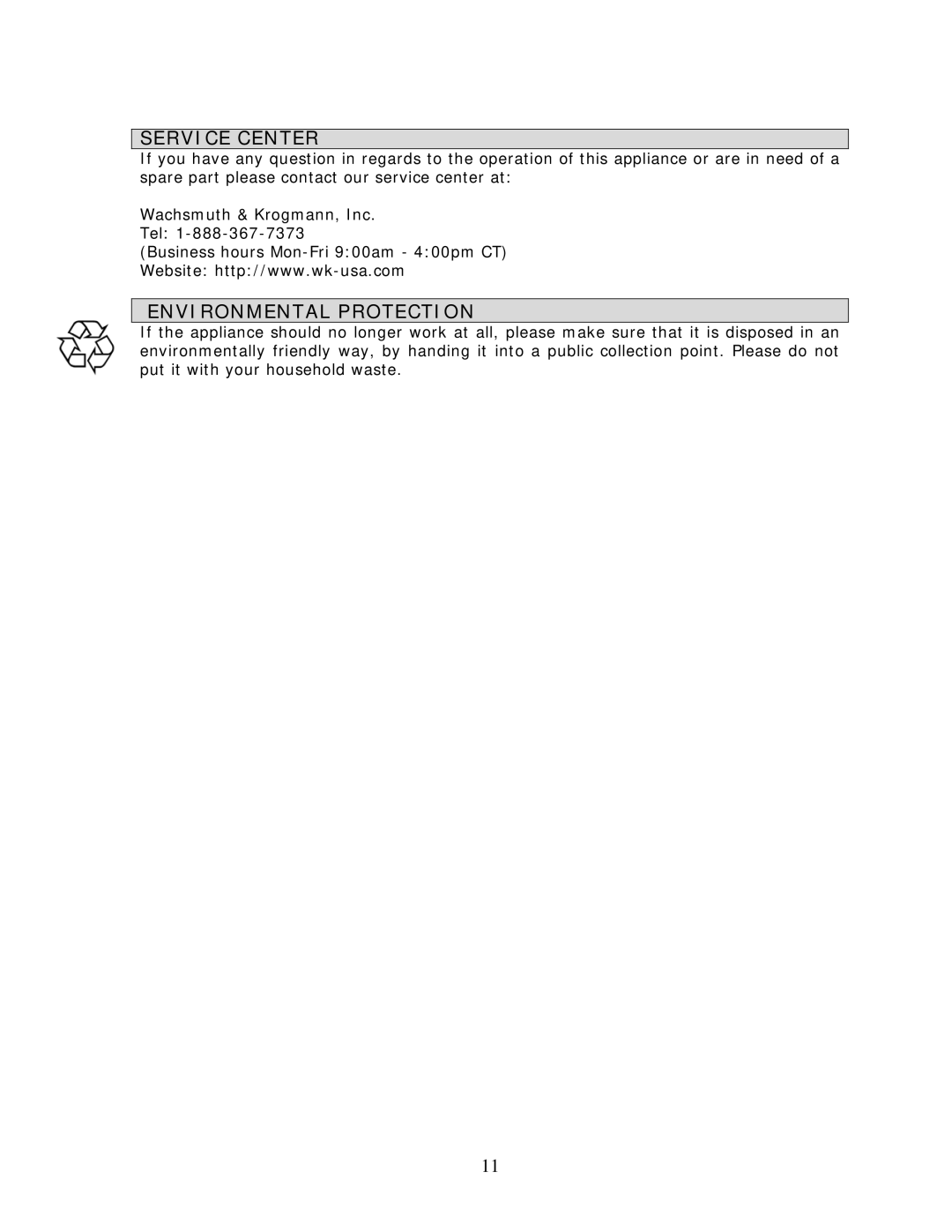 Wachsmuth & Krogmann ES-139B manual Service Center, Environmental Protection 