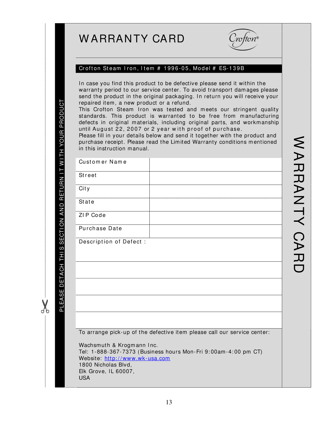 Wachsmuth & Krogmann ES-139B manual Warranty Card 