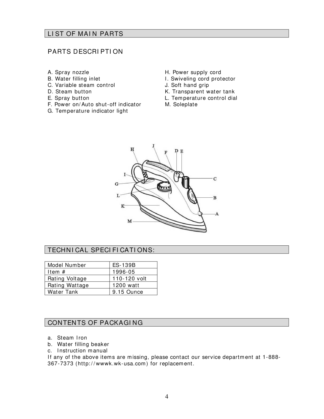 Wachsmuth & Krogmann ES-139B manual List of Main Parts Parts Description, Technical Specifications, Contents of Packaging 