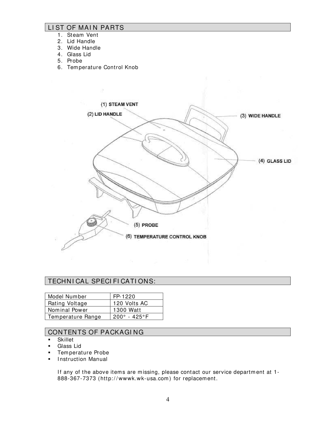 Wachsmuth & Krogmann FP-1220 manual List of Main Parts, Technical Specifications, Contents of Packaging 