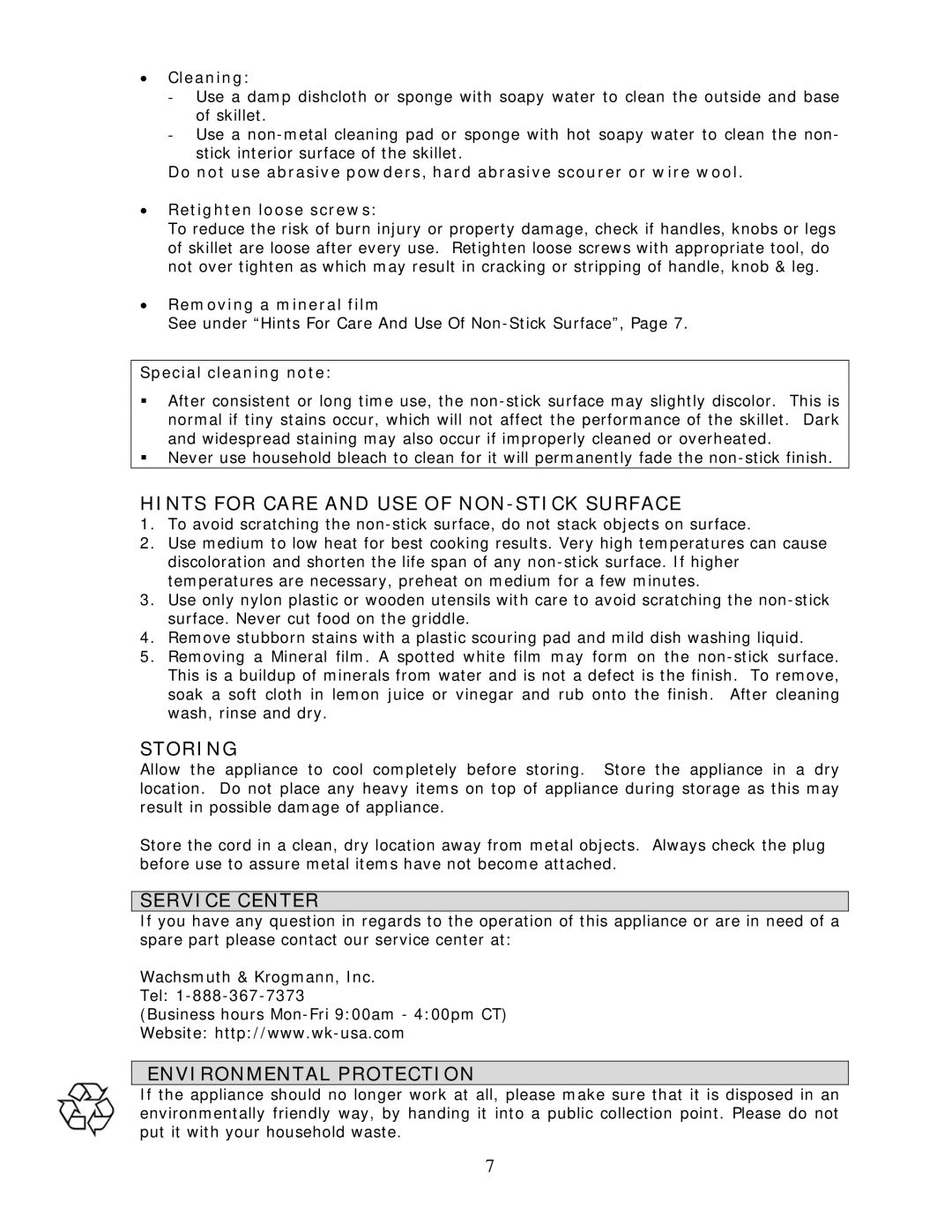 Wachsmuth & Krogmann FP-1220 manual Hints for Care and USE of NON-STICK Surface, Storing, Service Center 