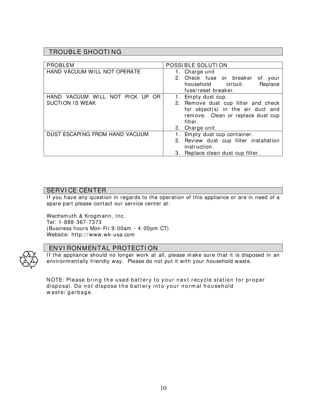 Wachsmuth & Krogmann Item# 7256 Trouble Shooting, Service Center, Environmental Protection, Problem Possible Solution 