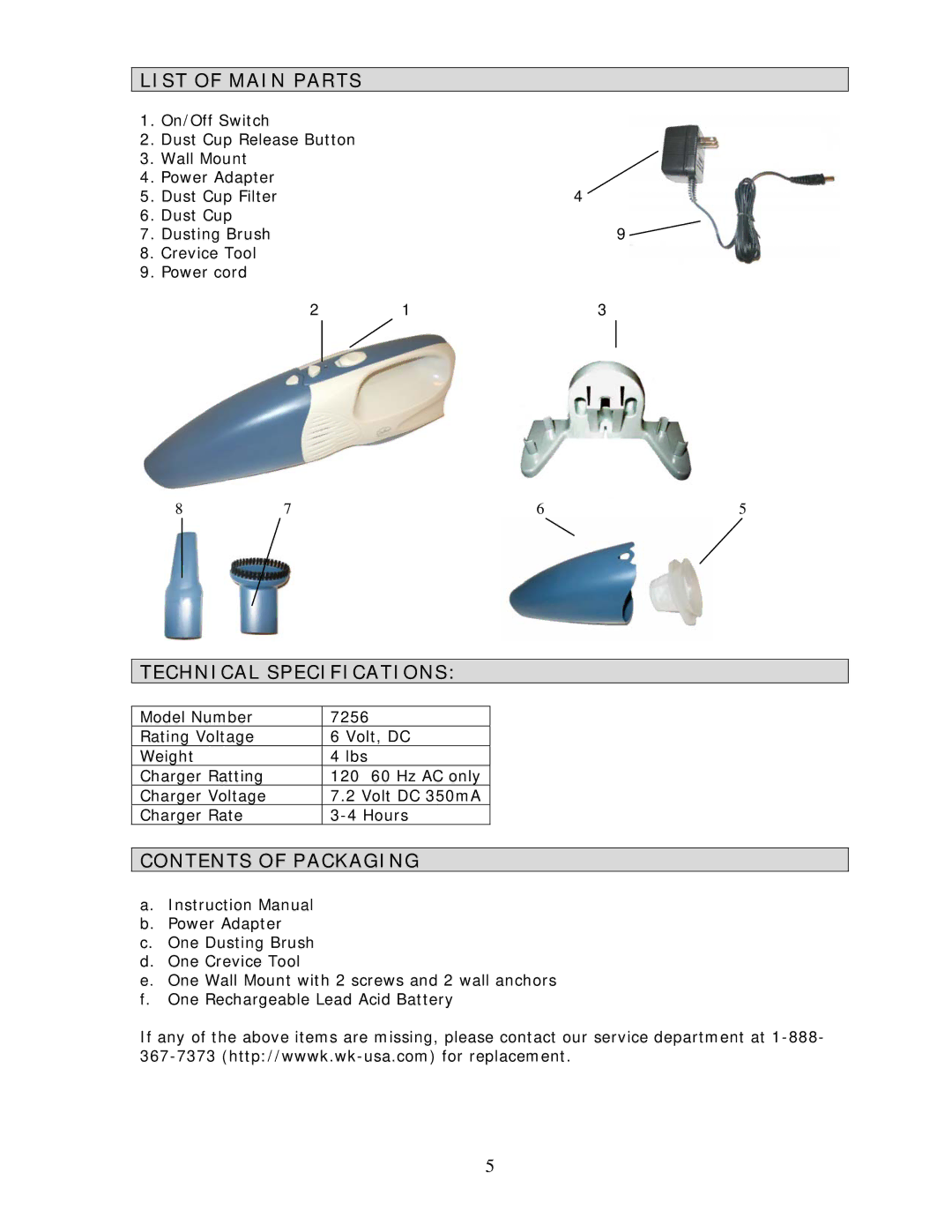 Wachsmuth & Krogmann Item# 7256 manual List of Main Parts, Technical Specifications, Contents of Packaging 