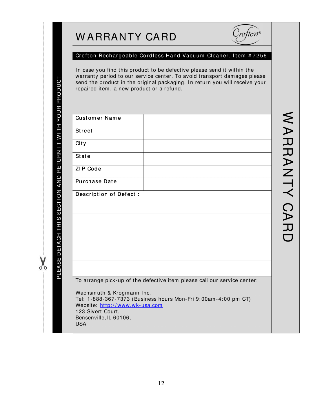 Wachsmuth & Krogmann Item# 7256 manual Warranty Card 