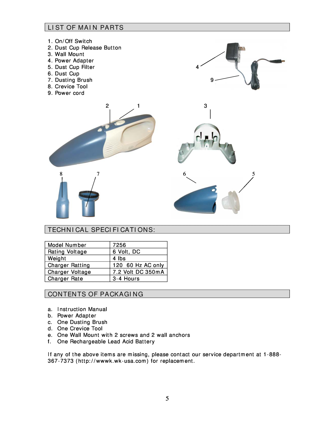 Wachsmuth & Krogmann Item# 7256 manual List Of Main Parts, Technical Specifications, Contents Of Packaging 