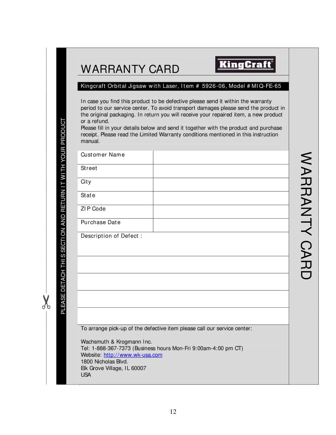 Wachsmuth & Krogmann MIQ-FE-65 manual Warranty Card 