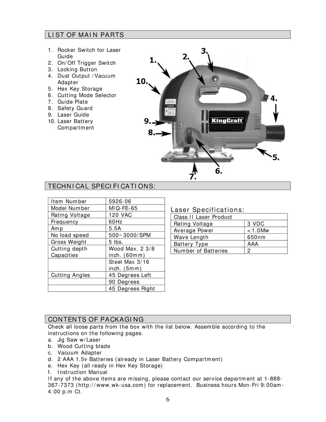 Wachsmuth & Krogmann MIQ-FE-65 manual List of Main Parts, Technical Specifications, Contents of Packaging 