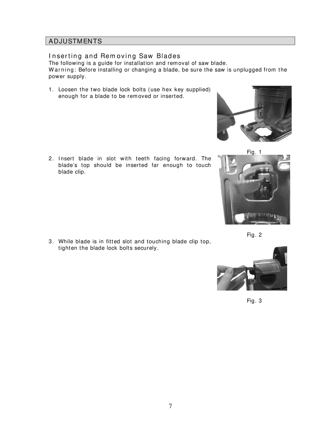 Wachsmuth & Krogmann MIQ-FE-65 manual Adjustments, Inserting and Removing Saw Blades 