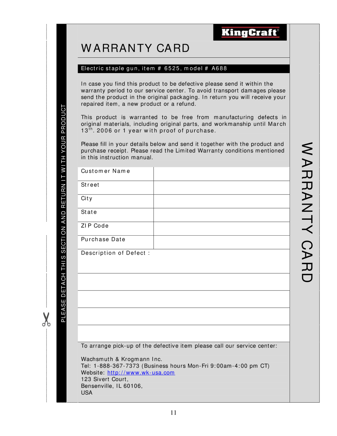 Wachsmuth & Krogmann Model # A688 manual Warranty Card 