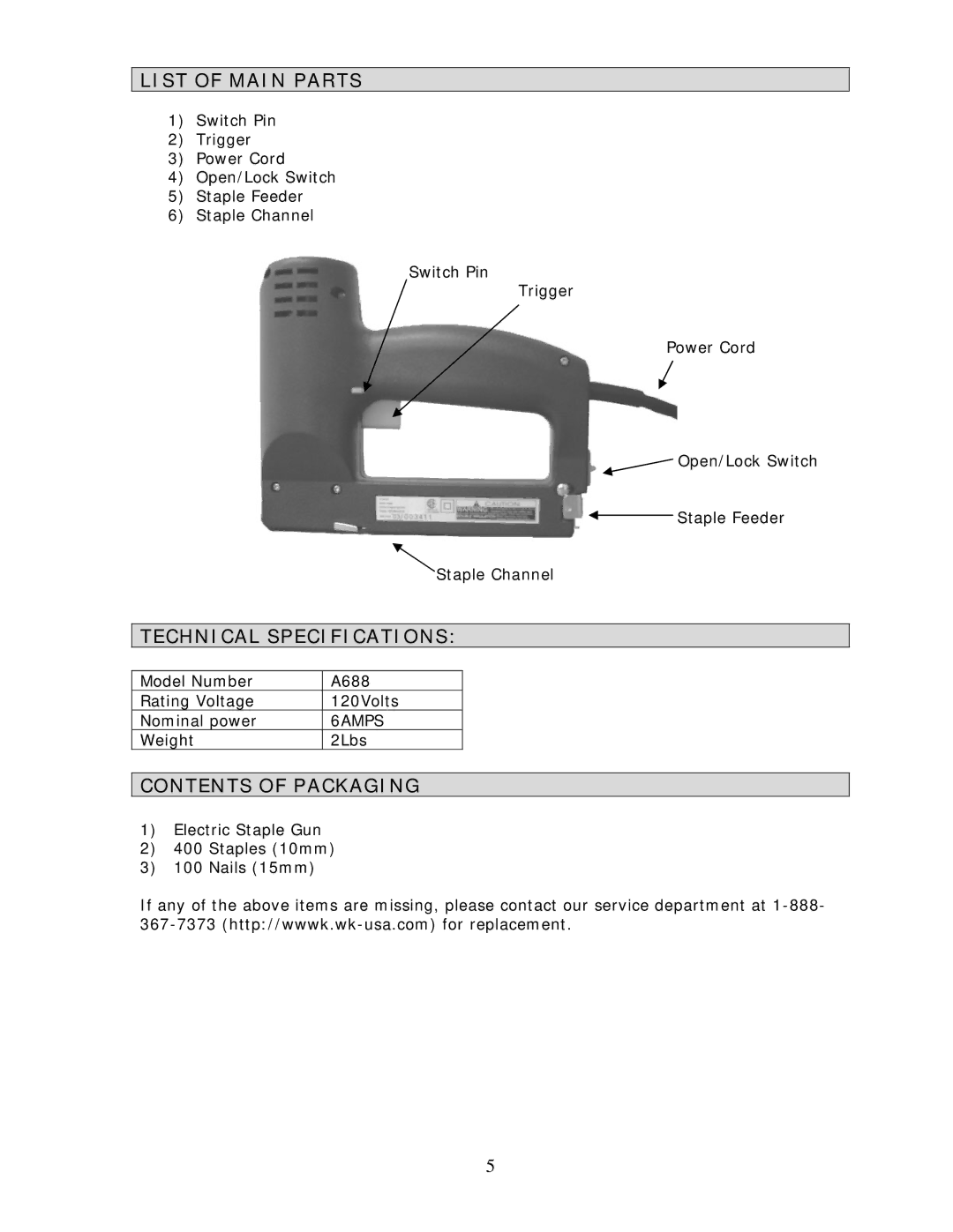 Wachsmuth & Krogmann Model # A688 manual List of Main Parts, Technical Specifications, Contents of Packaging 