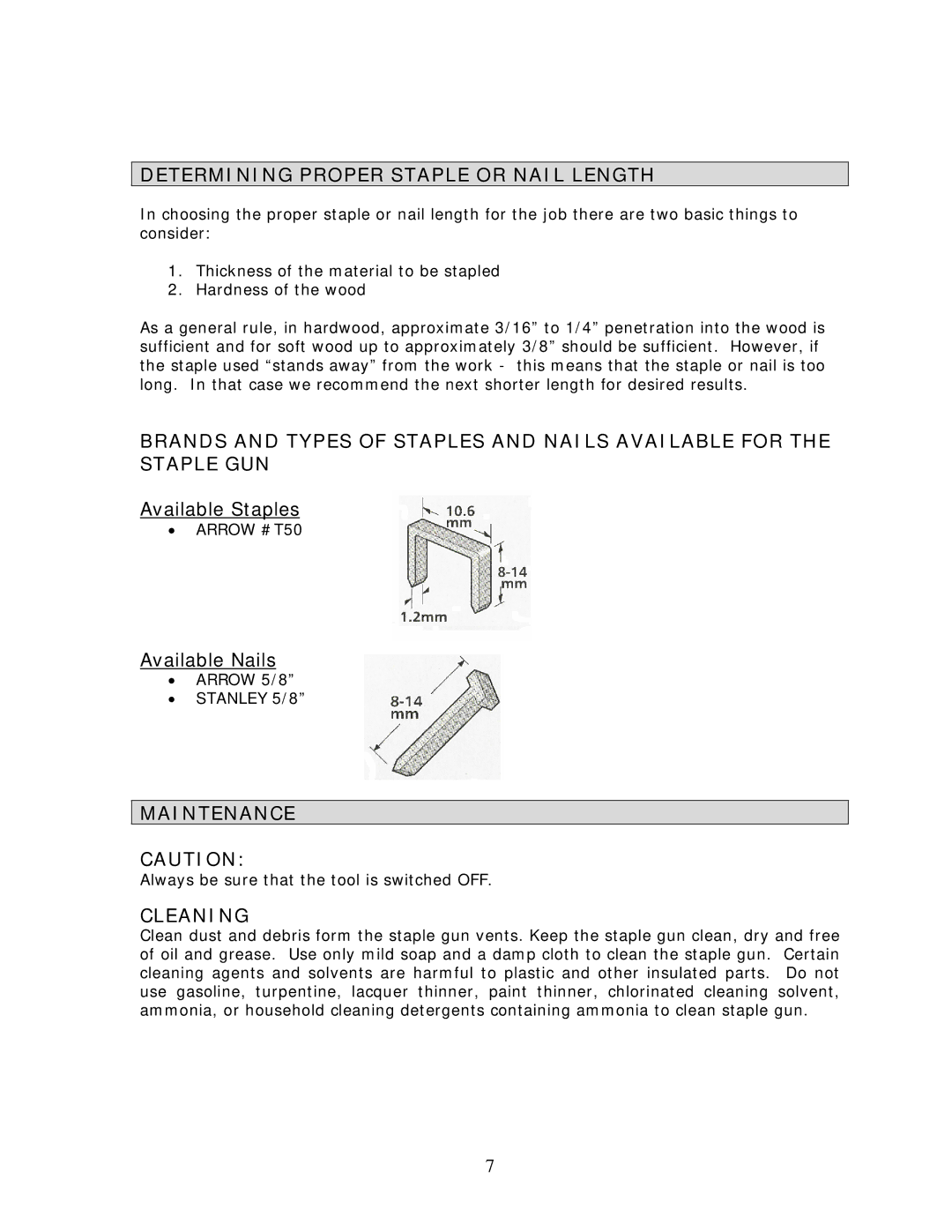 Wachsmuth & Krogmann Model # A688 manual Determining Proper Staple or Nail Length, Maintenance, Cleaning 