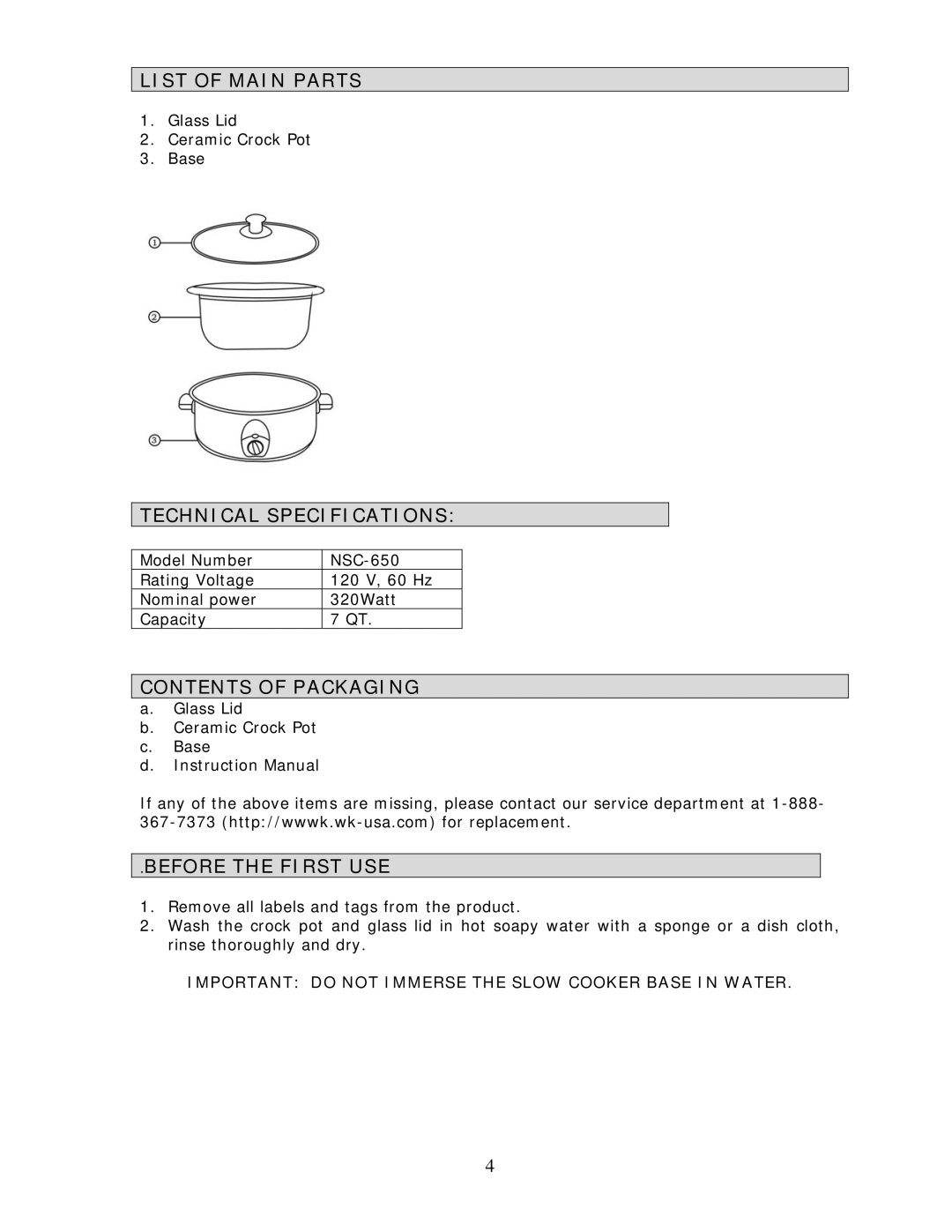 Wachsmuth & Krogmann NSC-650 List of Main Parts, Technical Specifications, Contents of Packaging, Before the First USE 