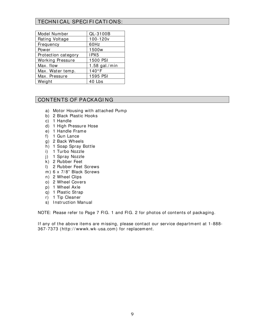 Wachsmuth & Krogmann QL-3100B manual Technical Specifications, Contents of Packaging 