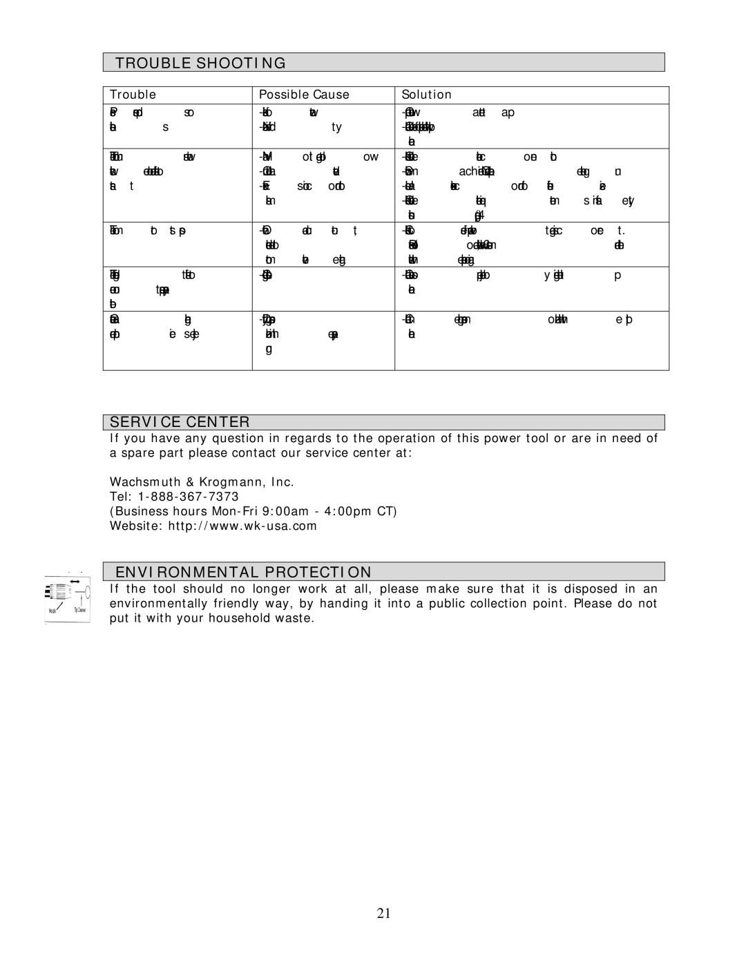 Wachsmuth & Krogmann QL-3100B manual Trouble Shooting, Service Center, Environmental Protection 