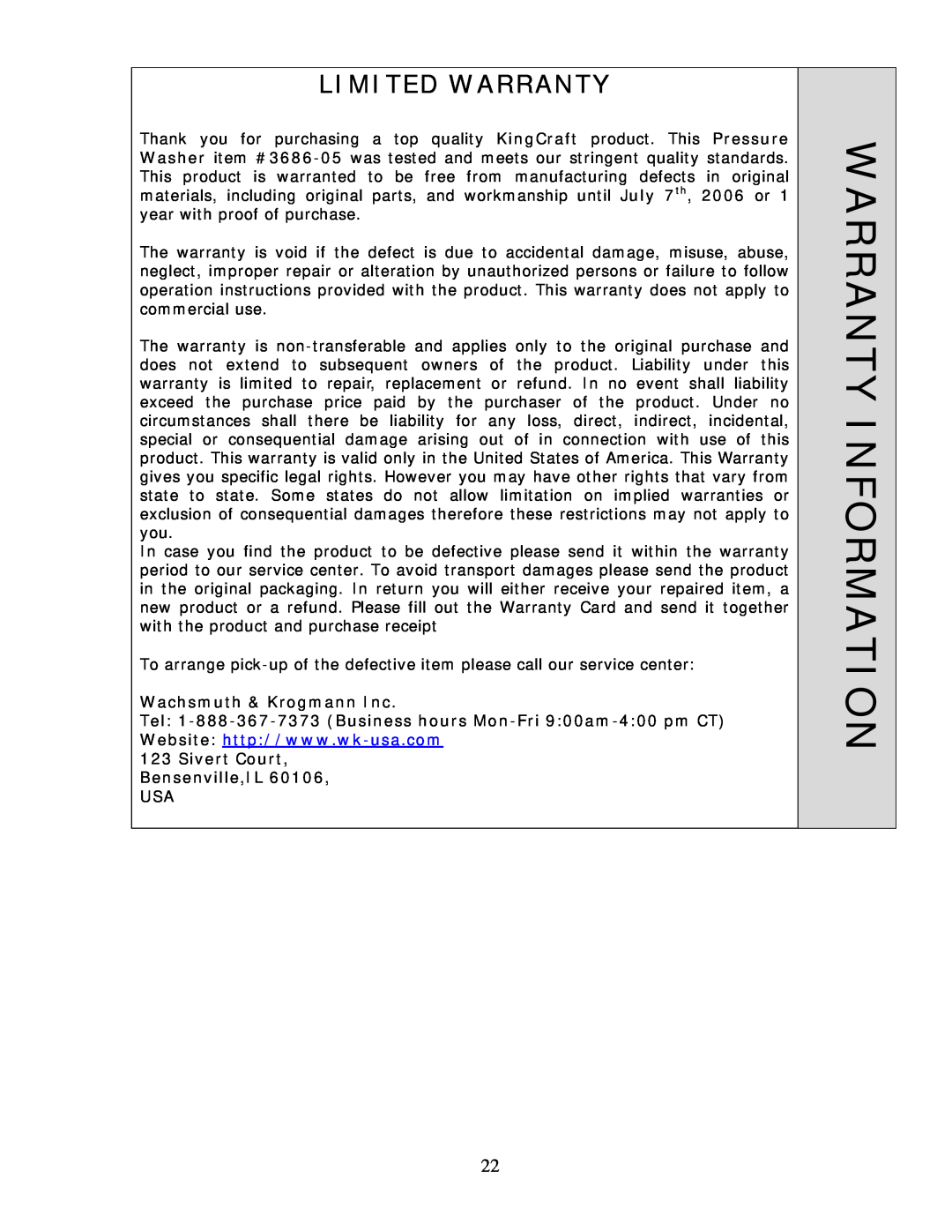 Wachsmuth & Krogmann QL-3100B manual Warranty Information, Wachsmuth & Krogmann Inc, Limited Warranty 