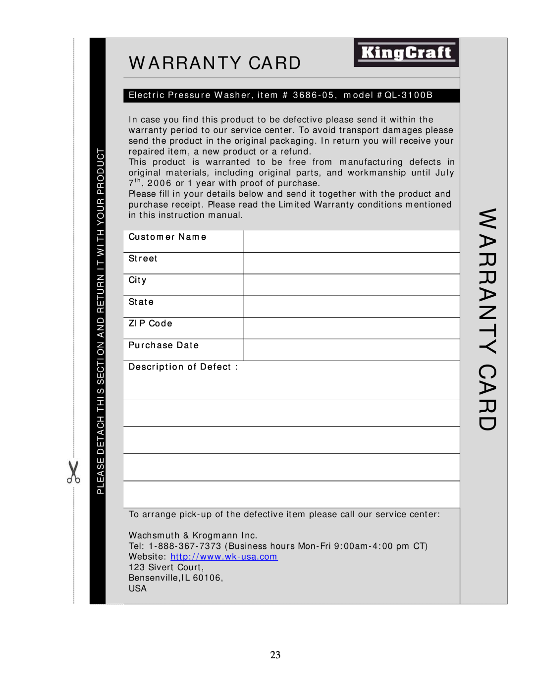 Wachsmuth & Krogmann QL-3100B Warranty Card, Customer Name Street City State ZIP Code Purchase Date, Description of Defect 