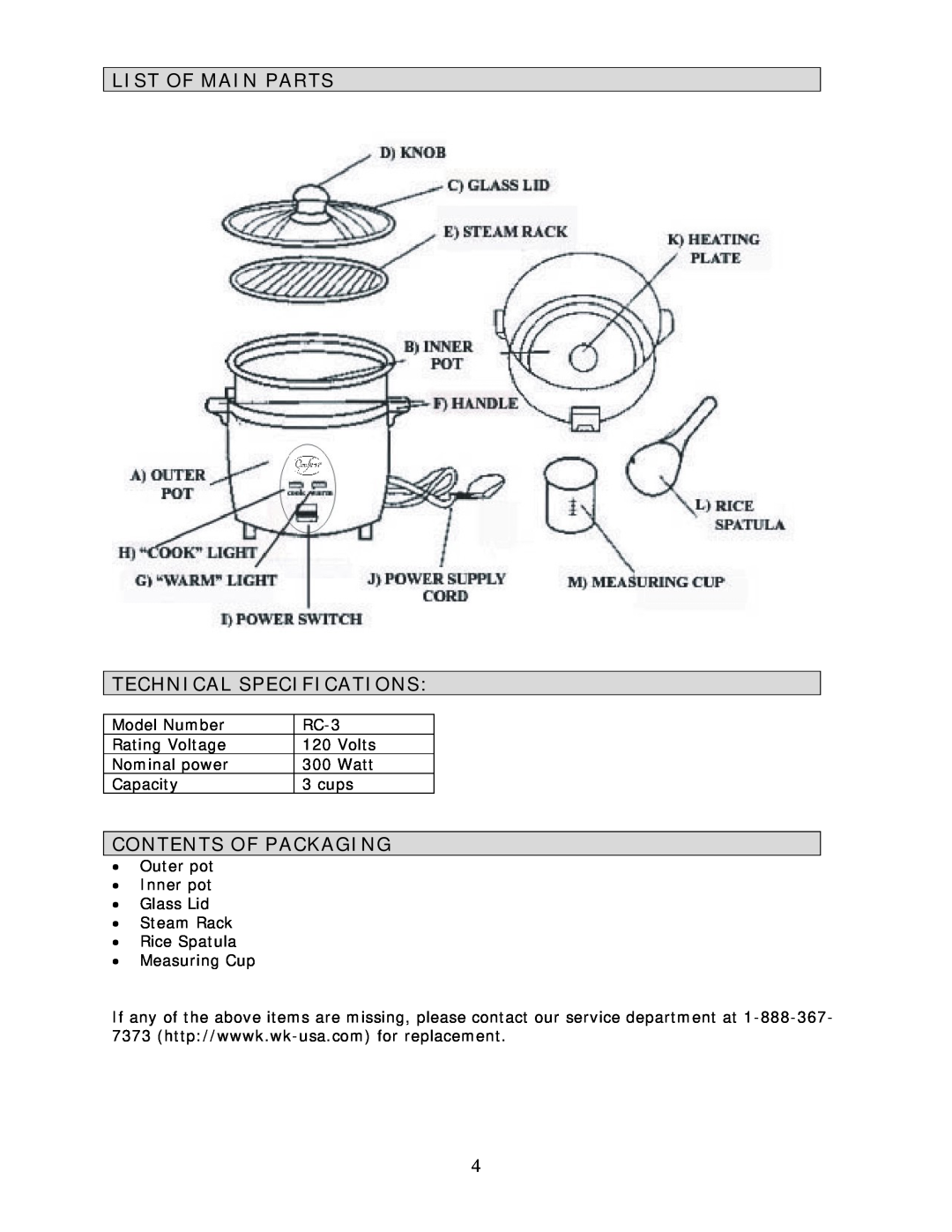 Wachsmuth & Krogmann RC-3 manual List Of Main Parts Technical Specifications, Contents Of Packaging 